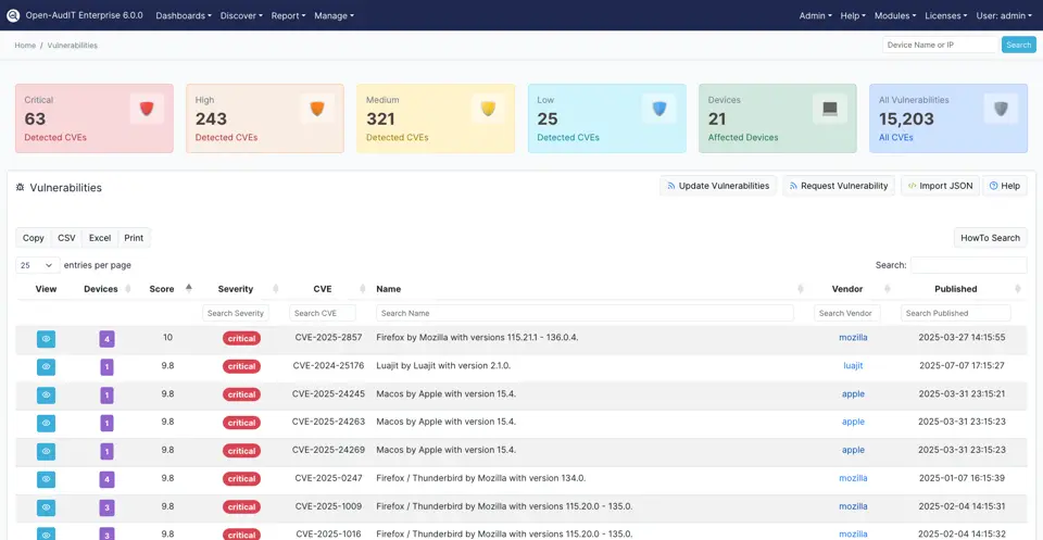 Open-AudIT vulnerabilities dashboard